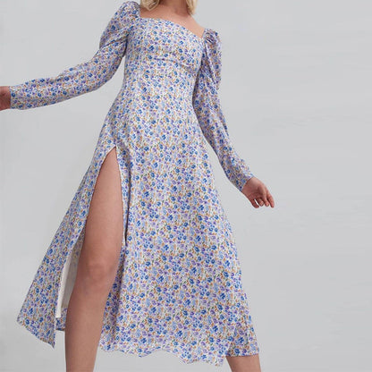 Robe maxi à fleurs pour femmes avec fente asymétrique et manches bouffantes Chic und Stil