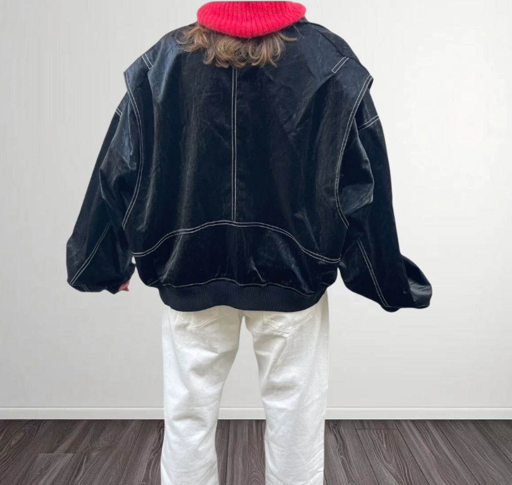 Dame Veste en simili cuir avec poches pratiques et taille élastique Chic und Stil