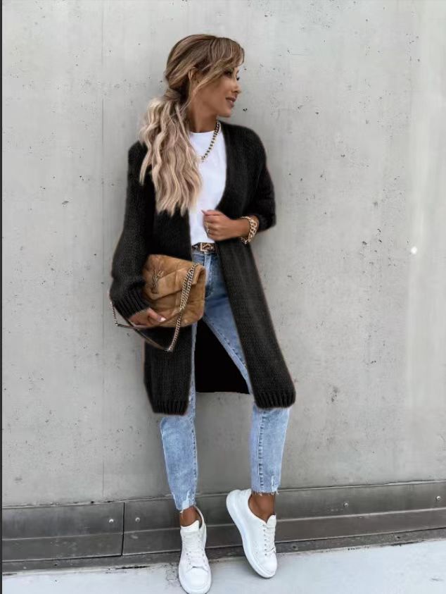 Dames gros tricot cardigan avec devant ouvert et manches décontractées Chic und Stil