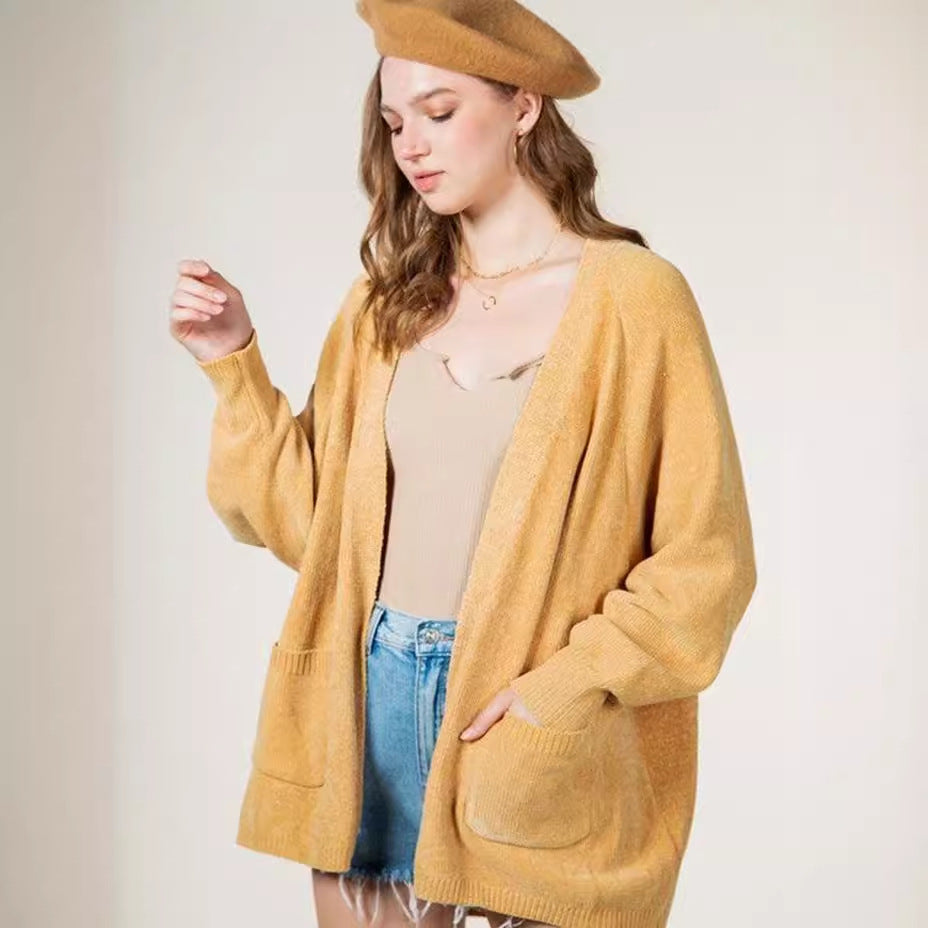 Dames Pull en tricot douillet avec poches latérales et devant ouvert Chic und Stil