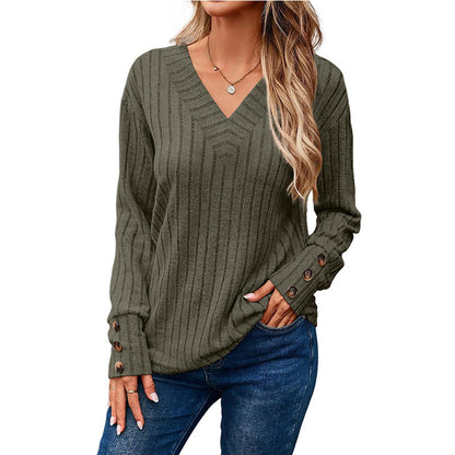 Pull femme décontracté à col en V avec design en ribbing texturé et détails élégants de boutons Chic und Stil