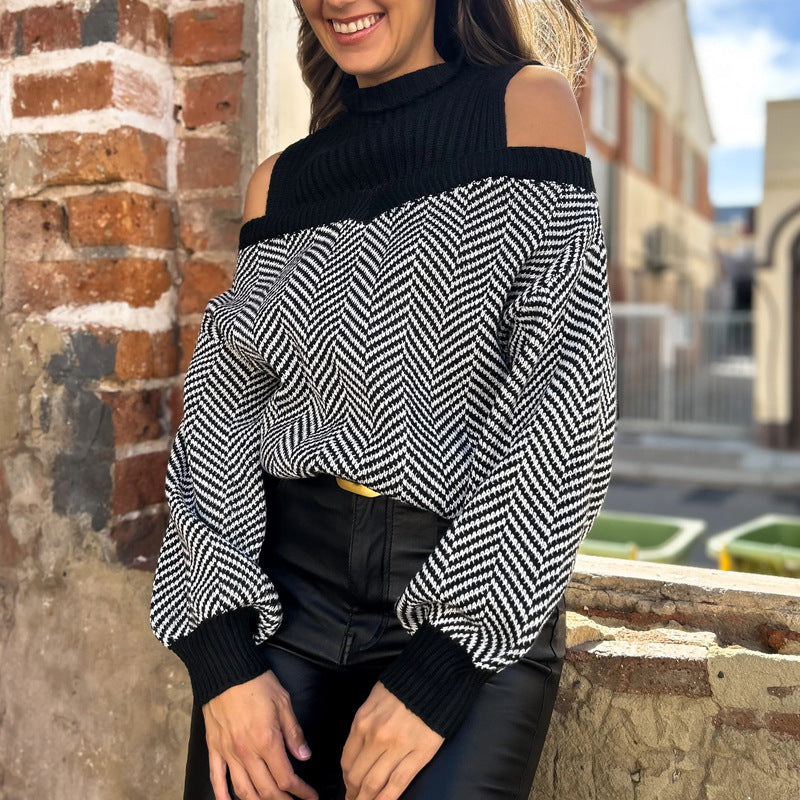 Pull femme à la mode avec design épaule dénudée et motif en zigzag Chic und Stil