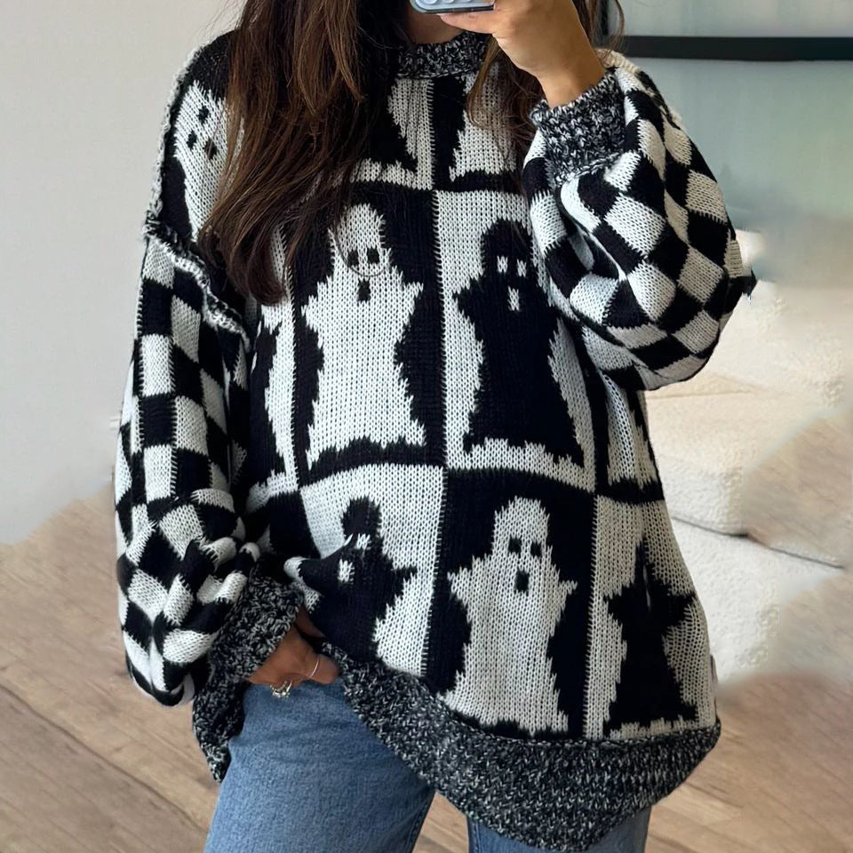 Pull en maille épaisse pour femmes avec un motif de fantôme moderne et une coupe décontractée Chic und Stil