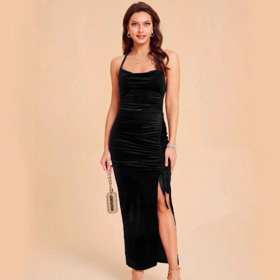 Dames Élégante Robe Maxi en Velours avec Fente Ajustable et Ruching Raffiné Chic und Stil