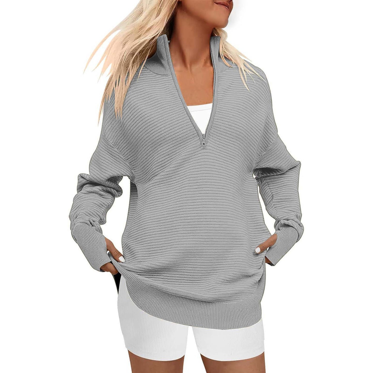 Dames pull zippé de haute qualité avec design texturé Chic und Stil