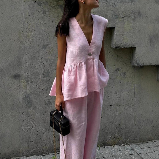 Dames Élégant Costume Pantalon en Lin Chic und Stil