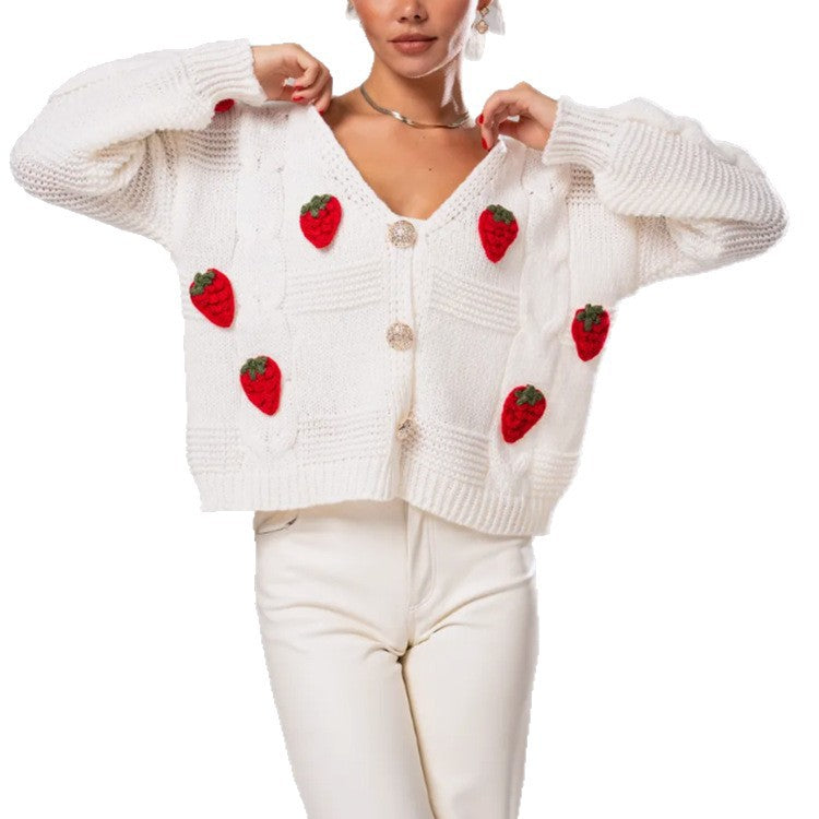 Dames Pull-over fantaisie en tricot avec applications de cerise Chic und Stil