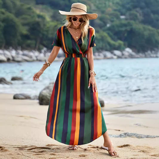 Femmes Robe Maxi Rayée Colorée Chic und Stil
