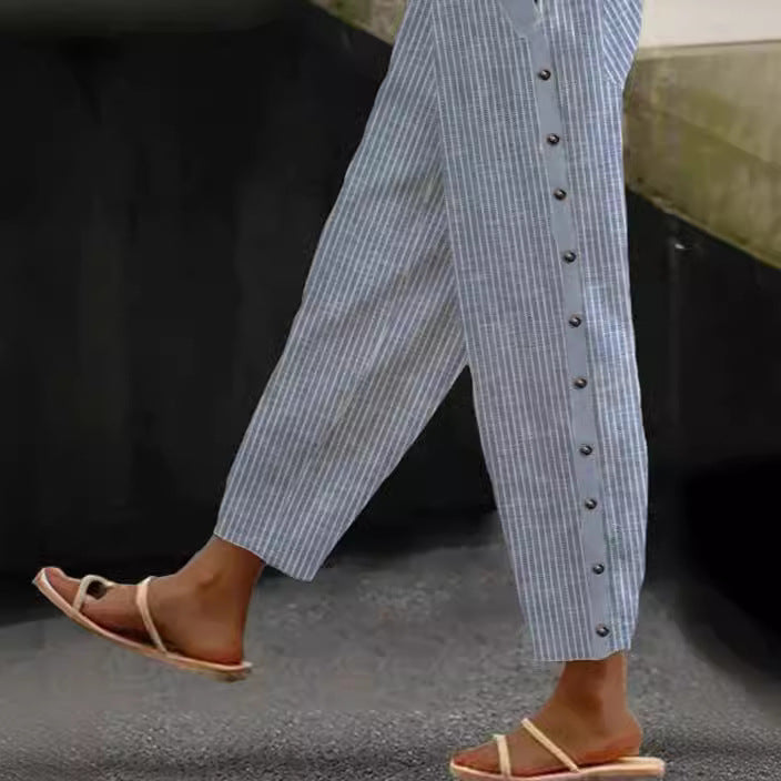Striped women's pants with button details Chic and Style