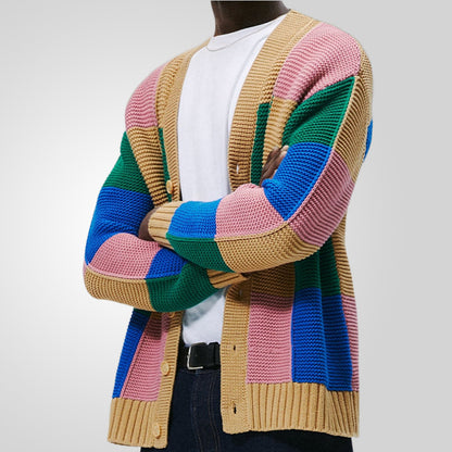 Men's knit jacket with a colorful block pattern and comfortable buttons Chic and Style