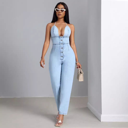Combinaison en denim pour femmes avec décolleté en V profond et patte de boutonnage Chic und Stil