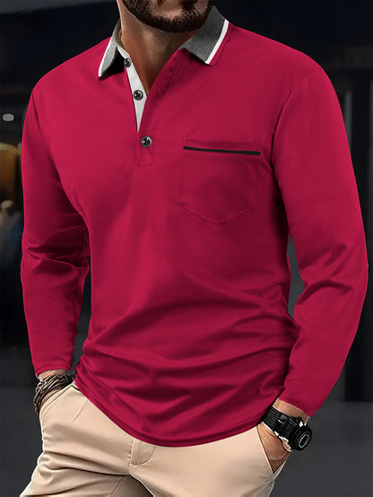 Men's long sleeve polo with textured collar and chest pocket Chic and Style