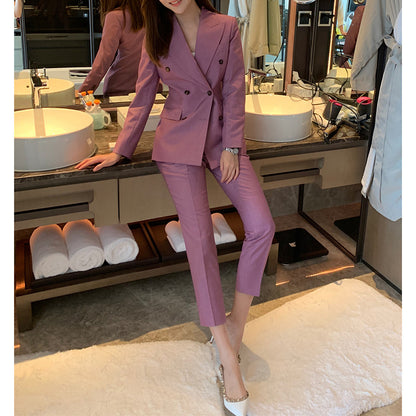 Chic and Stylish Women's Double-Breasted Fitted Blazer and Pants Set
