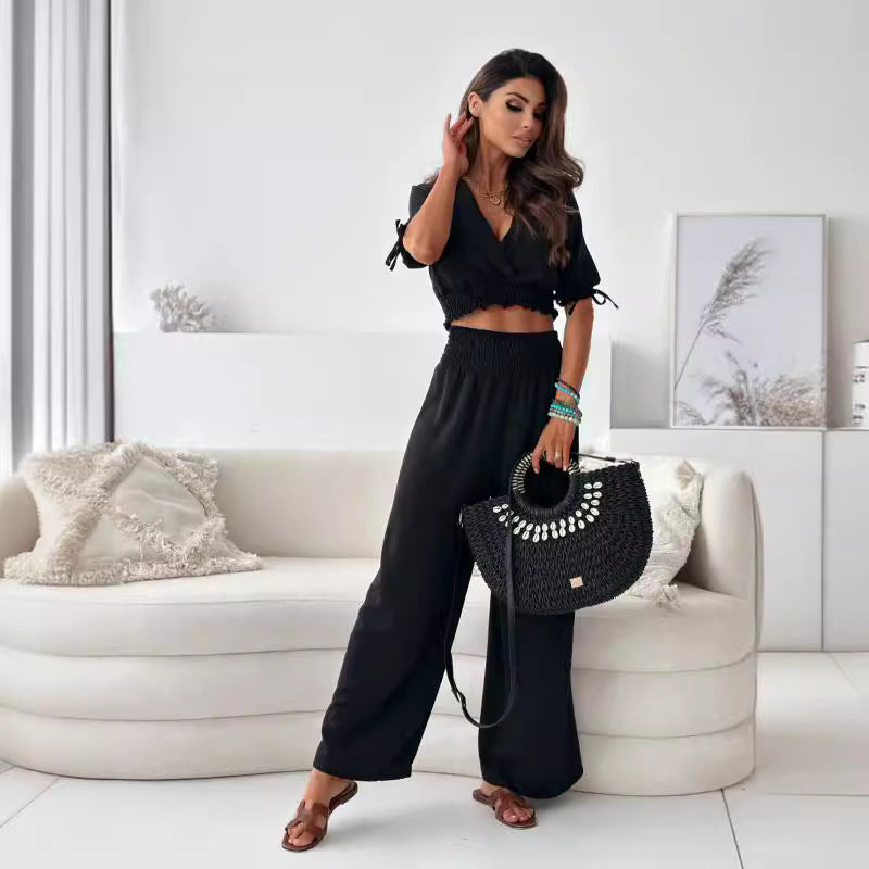 Dames Crop Smocked Top avec pantalon large Chic und Stil