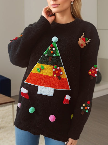 Pull de Noël pour femmes avec un design de sapin de Noël joyeux et des applications 3D Chic und Stil