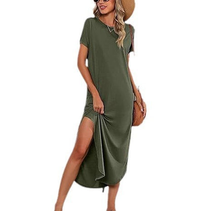 Robe maxi décontractée pour femmes avec fente latérale et joli col rond Chic und Stil