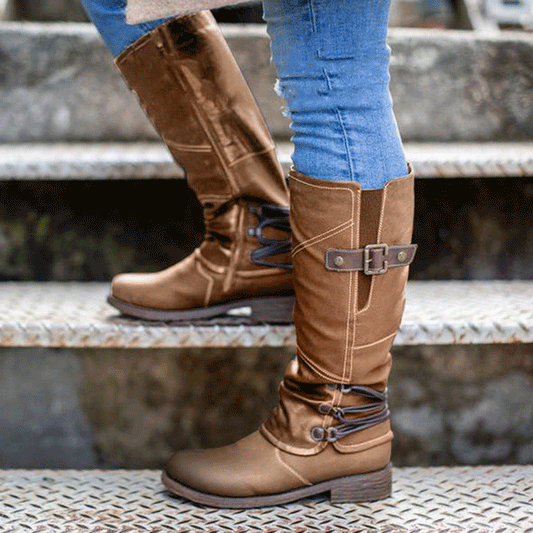 Bottes en cuir hautes pour femmes avec boucles décoratives et sangles élastiques Chic und Stil