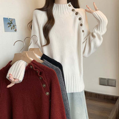 Pull élégant pour femmes à col roulé avec décoration de boutons et texture structurée Chic und Stil