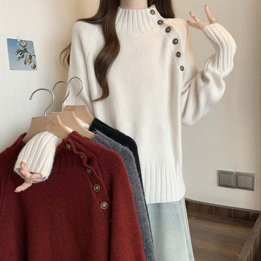 Pull élégant pour femmes à col roulé avec décoration de boutons et texture structurée Chic und Stil