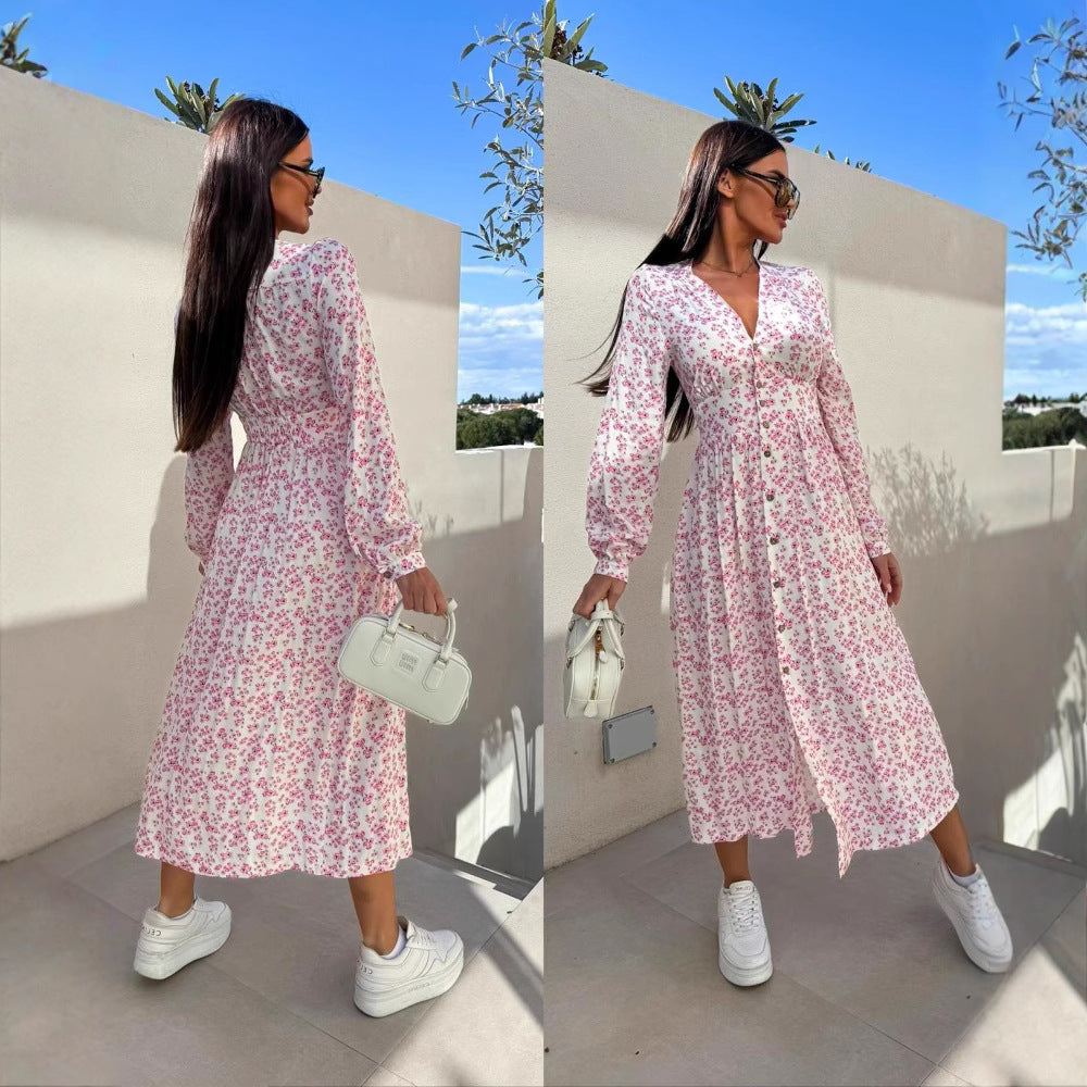 Robes maxi élégantes pour femmes avec motifs floraux et détails de boutons Chic und Stil