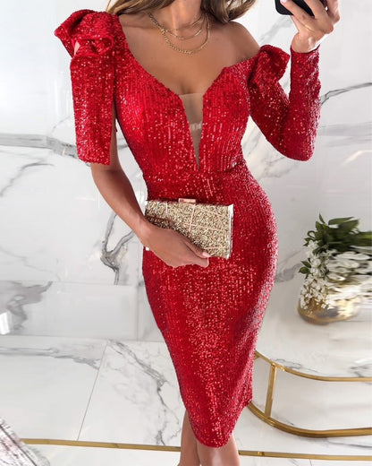 Robe de cocktail ajustée à paillettes pour femmes avec des manches dénudées et un décolleté en V profond Chic und Stil