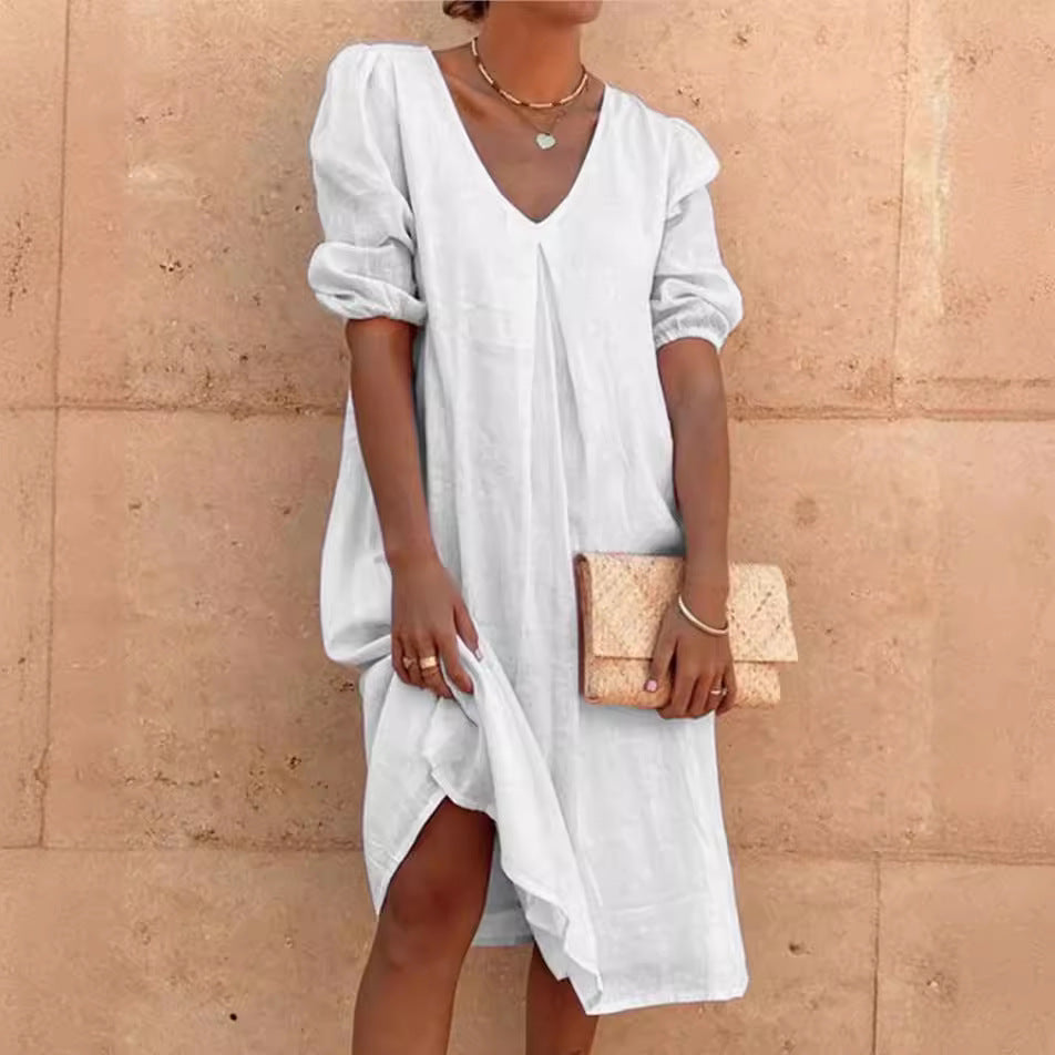 Robe en lin décontractée pour femmes avec décolleté en V et manches bouffantes Chic und Stil