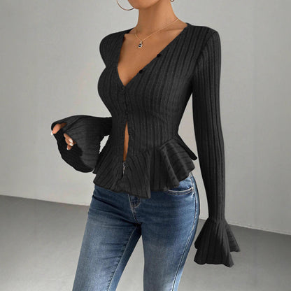 Dame tricot top avec design plissé raffiné et patte de boutonnage Chic und Stil