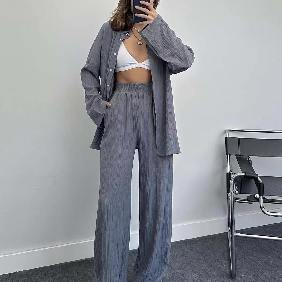 Plus size casual shirt set for women and chic wide leg pants