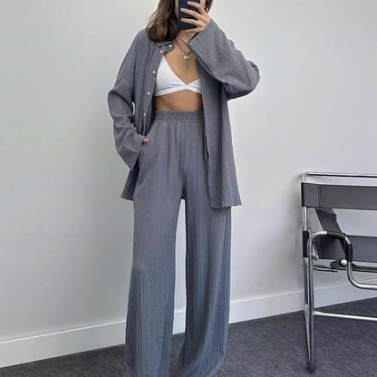 Plus size casual shirt set for women and chic wide leg pants