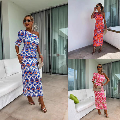 Dames fleurs robe moulante épaule unique Chic und Stil