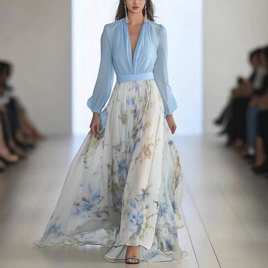 Robe maxi femme en chiffon floral avec des manches bouffantes élégantes Chic und Stil