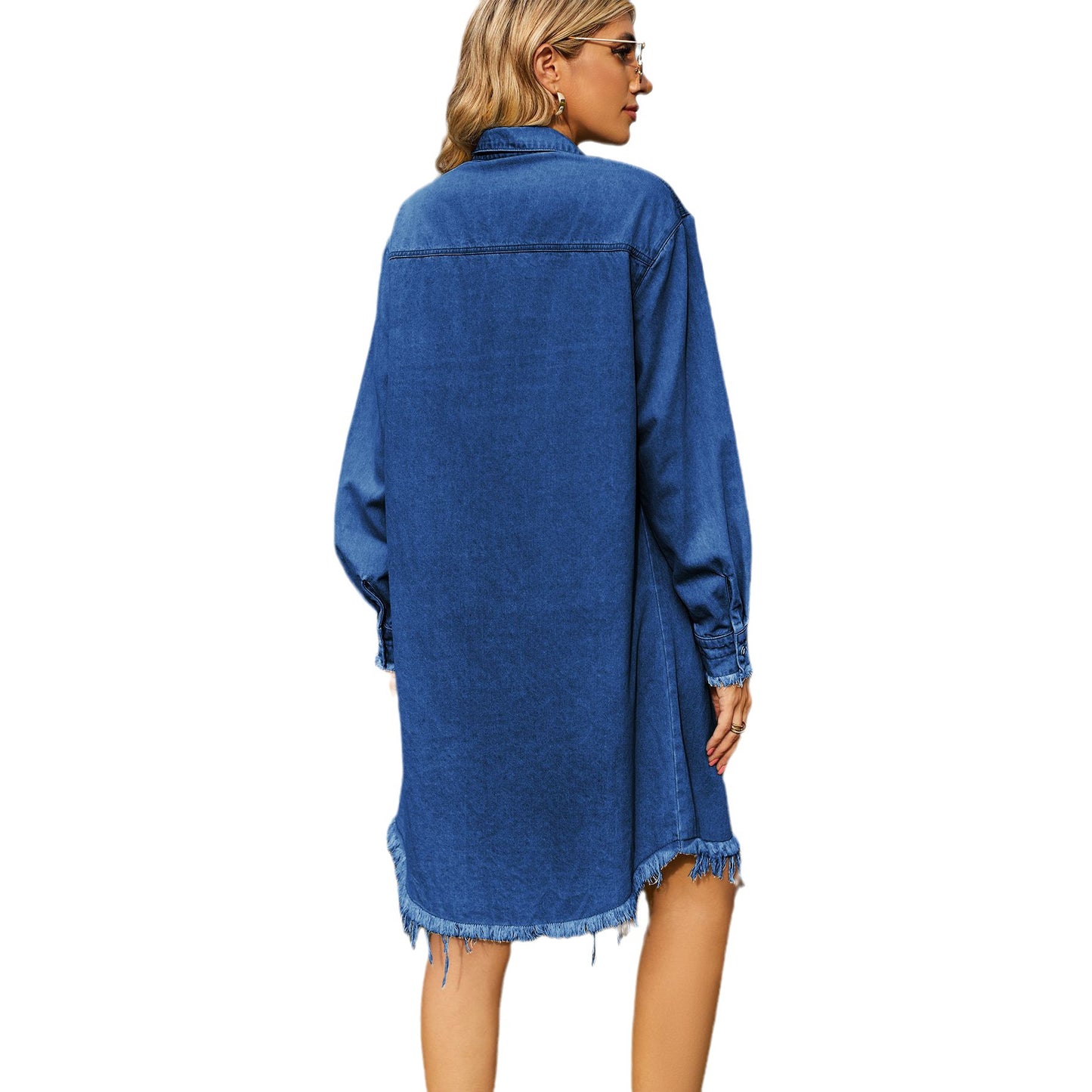 Robe chemisier en denim pour femmes avec ceinture et détails frangés Chic und Stil