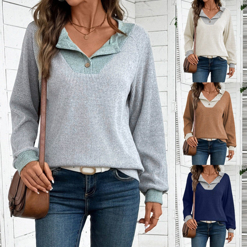 Pull long à manches longues décontracté pour dames avec col de chemise et coupe décorative Chic und Stil