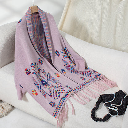 Wool poncho for women with colorful Navajo pattern and fringed hem Chic and Style