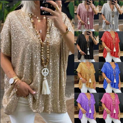 T-Shirt tunique paillettes glamour pour femmes avec décolleté en V Chic und Stil