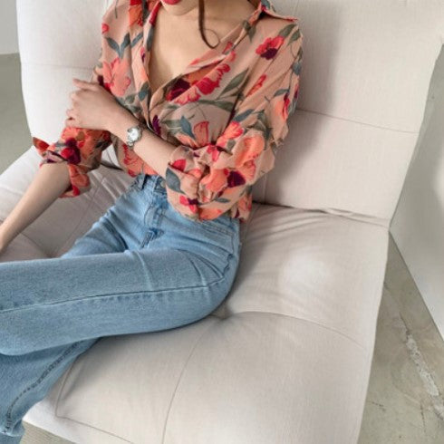 Dames Chiffon Imprimé Floral Boutonné Blouse Chic und Stil