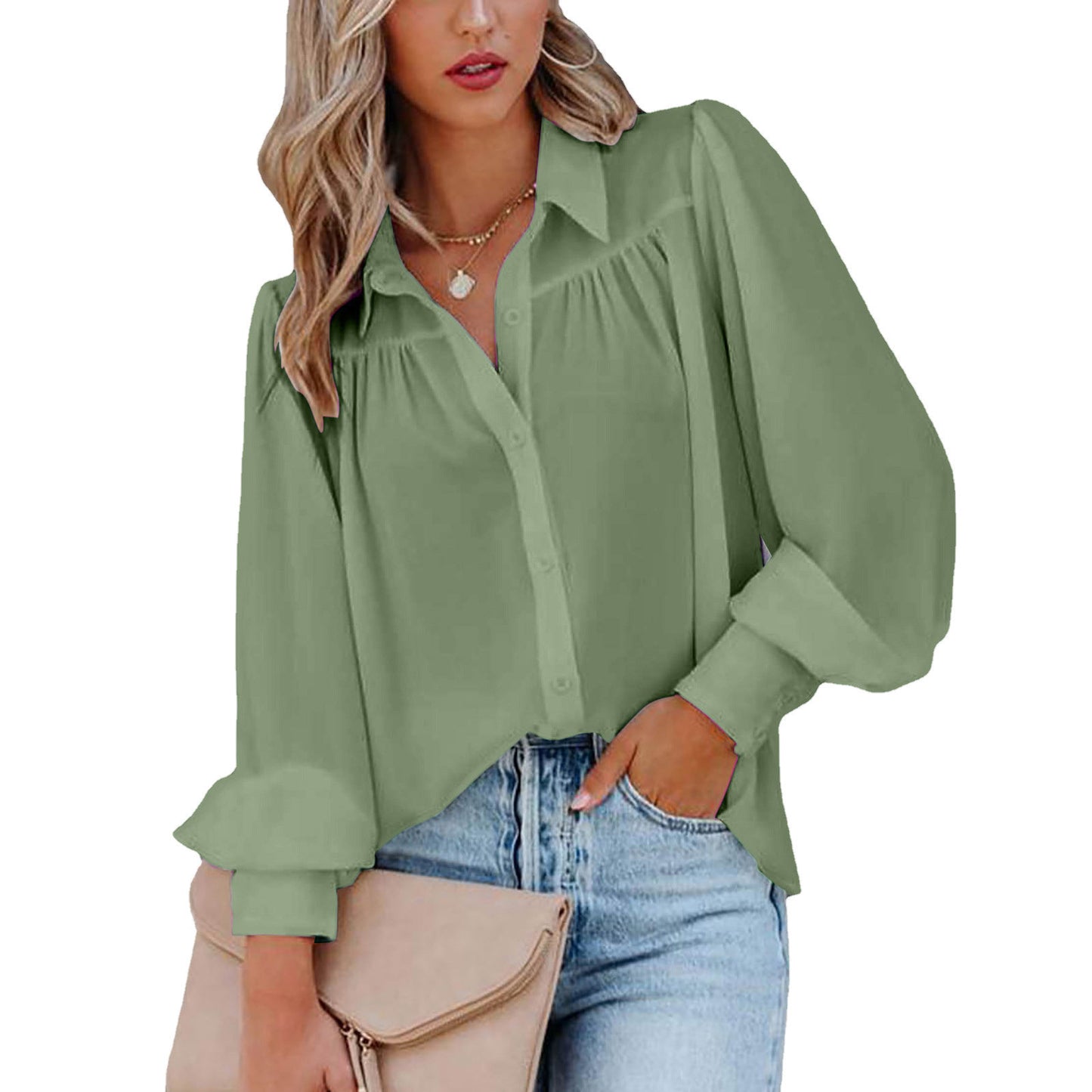 Blouse Boutonnée à Manches Bouffantes Élégante pour Femmes Chic und Stil
