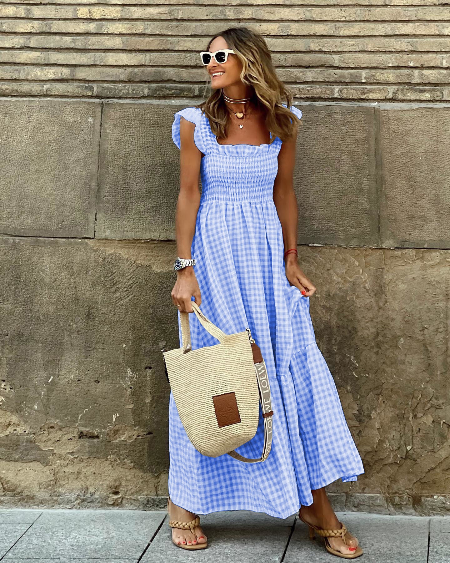 Robe maxi à carreaux pour femmes avec ourlets en volants Chic und Stil