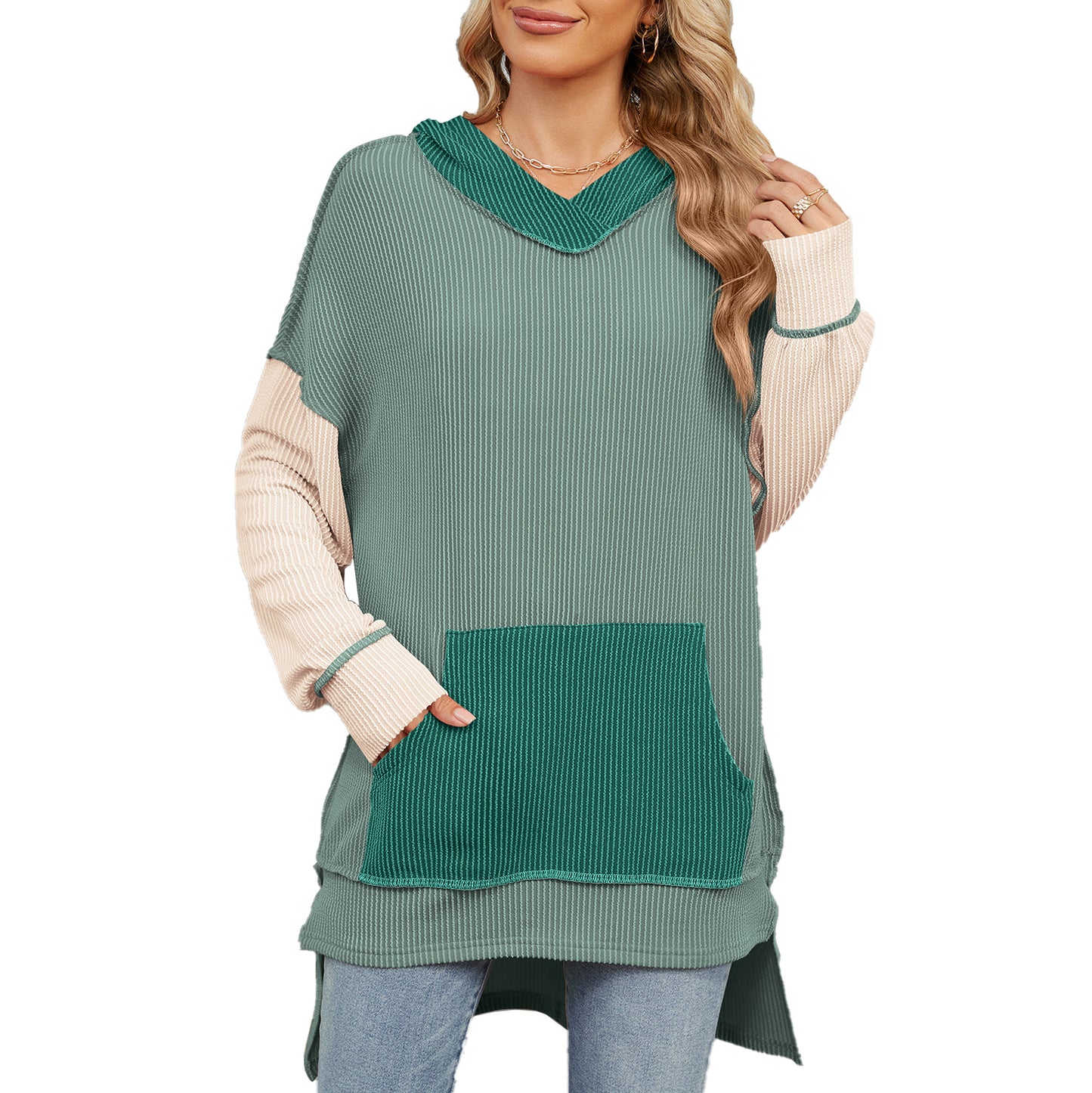 Pull long décontracté pour dames avec capuche et poche latérale Chic und Stil