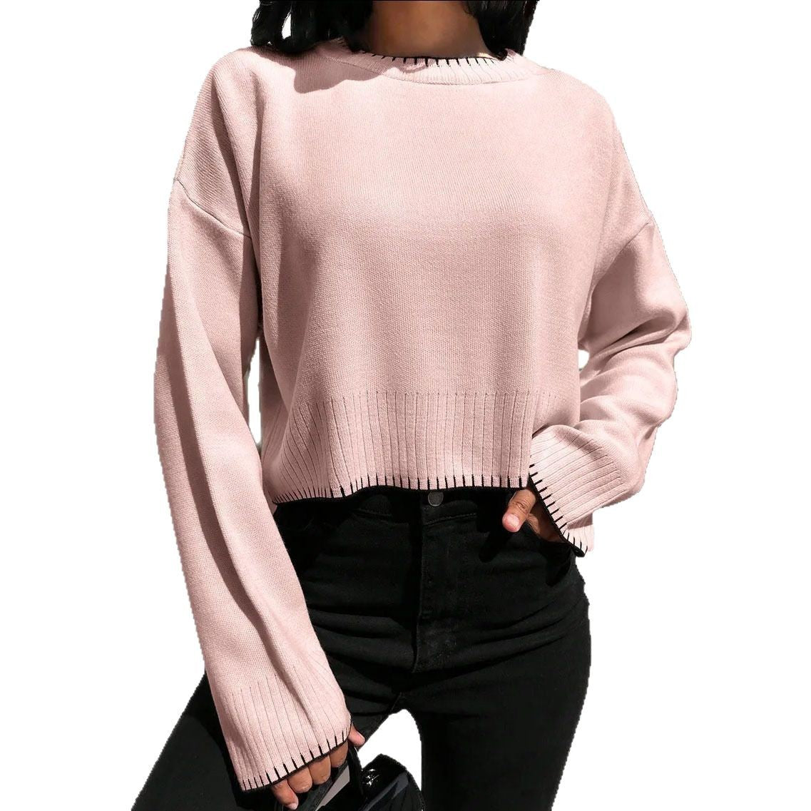 Pull court décontracté pour femmes avec une fine texture côtelée et une coupe large Chic und Stil