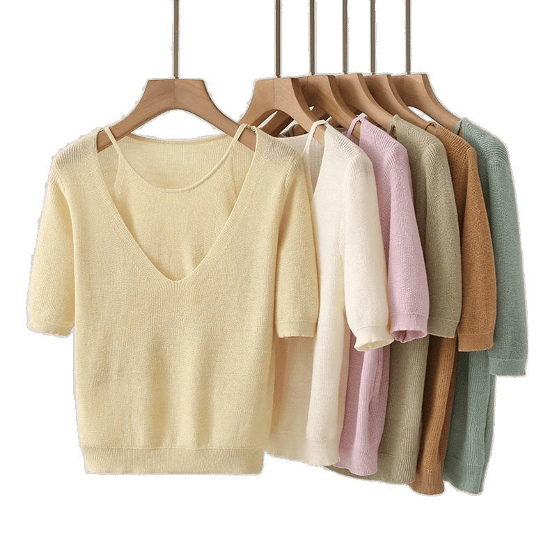Pull en tricot à col V décontracté pour femme à manches courtes Chic und Stil