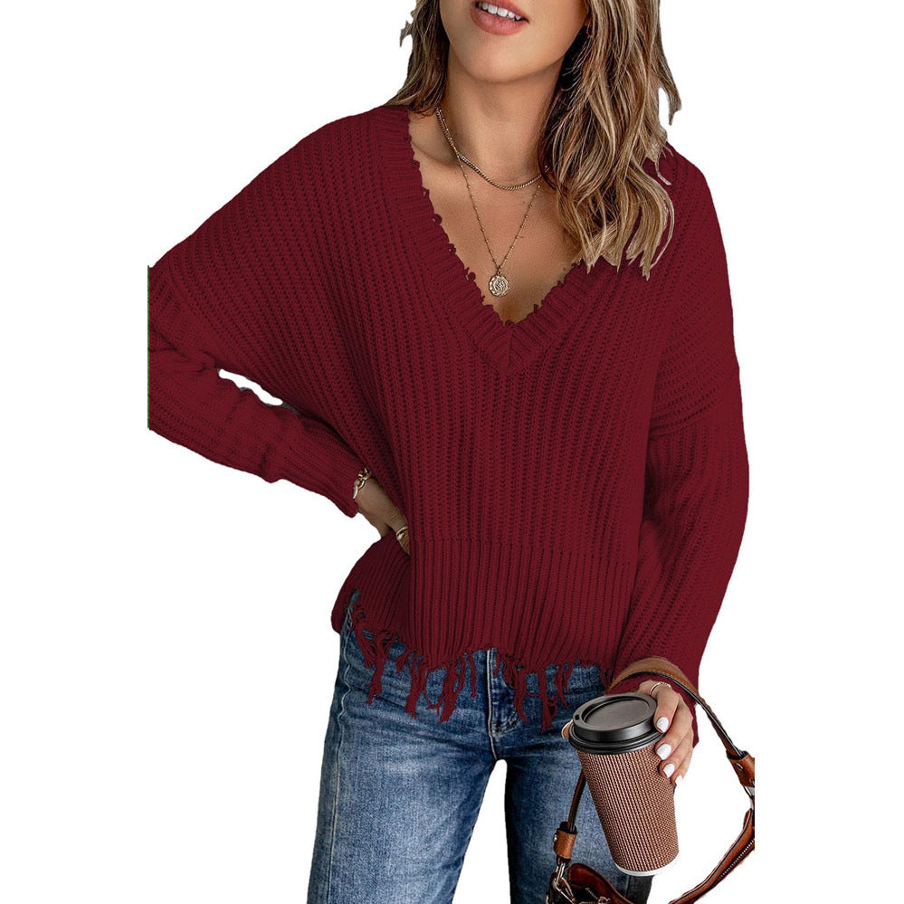 Femme Pull en tricot décontracté avec décolleté en V et ourlet à franges Chic und Stil