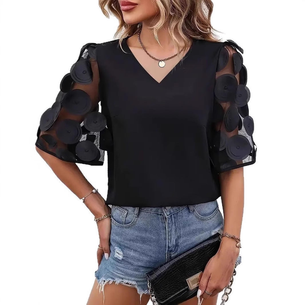 Dames Haut élégant avec des manches bouffantes transparentes et un décolleté en V Chic und Stil