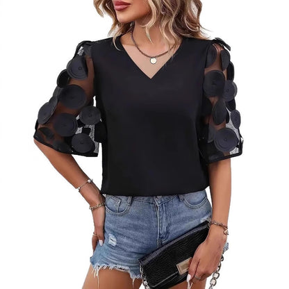 Dames Haut élégant avec des manches bouffantes transparentes et un décolleté en V Chic und Stil