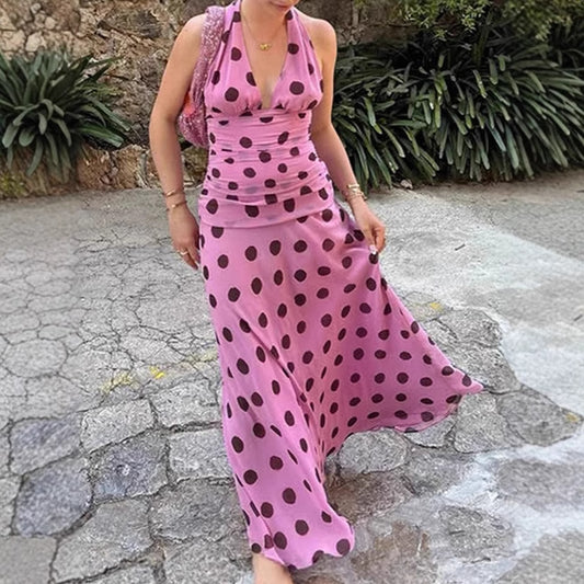 Femme Robe maxi élégante à pois et décolleté en V profond Chic und Stil