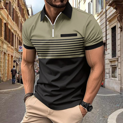 Hommes Polo-Shirt Zip à Rayures Contrastées Modernes Chic und Stil
