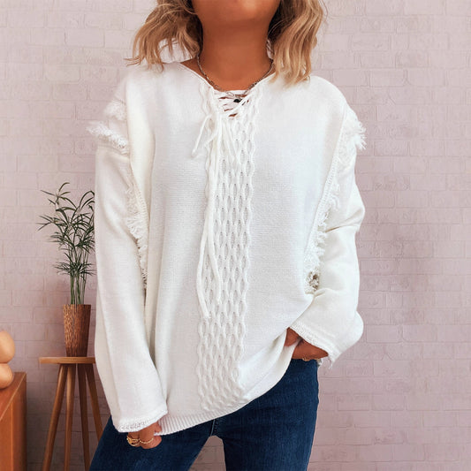 Pull en tricot oversize pour femmes avec un design de franges ludique et un motif en torsades Chic und Stil