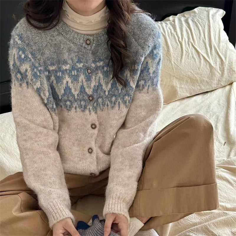 Dames gros tricot cardigan avec motif Fair-Isle géométrique et élégante patte de boutonnage Chic und Stil