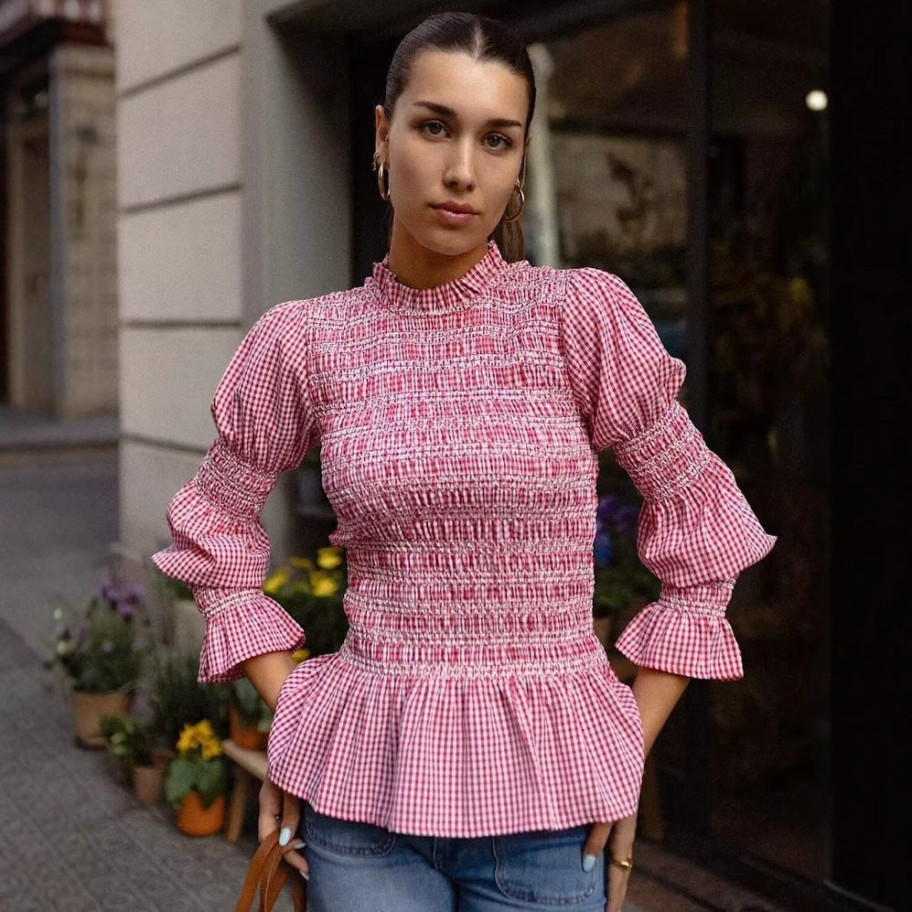 Blouse à volants pour femmes avec motif gingham et élégants manches bouffantes Chic und Stil