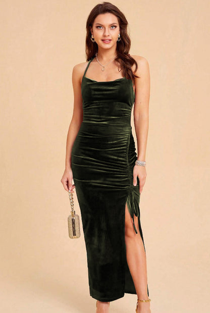 Dames Élégante Robe Maxi en Velours avec Fente Ajustable et Ruching Raffiné Chic und Stil